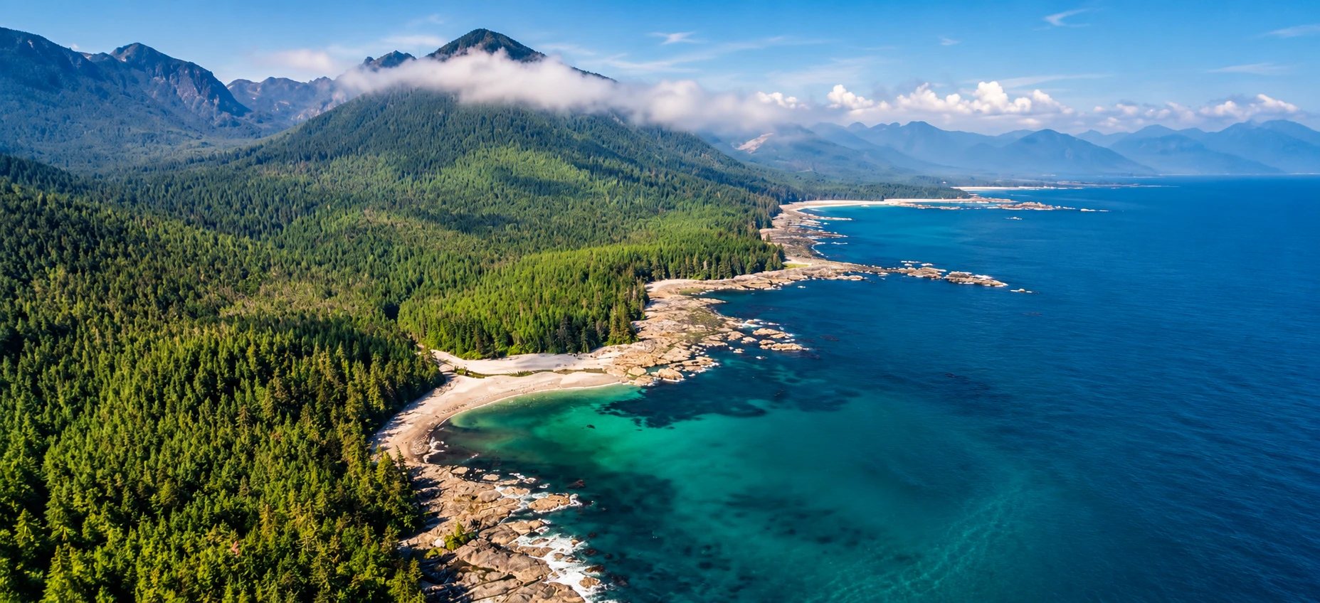Aerial view of forested coastline and turquoise water on Vancouver Island