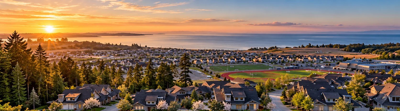 Sunset over Colwood homes and the ocean