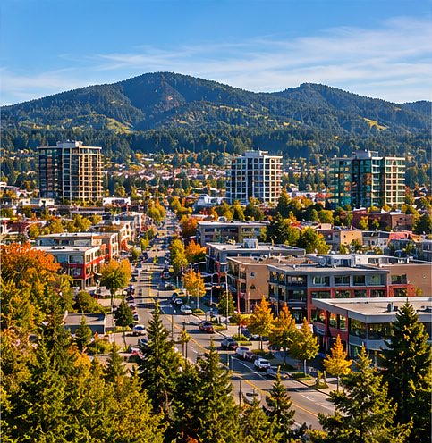 Langford town centre with mountains behind