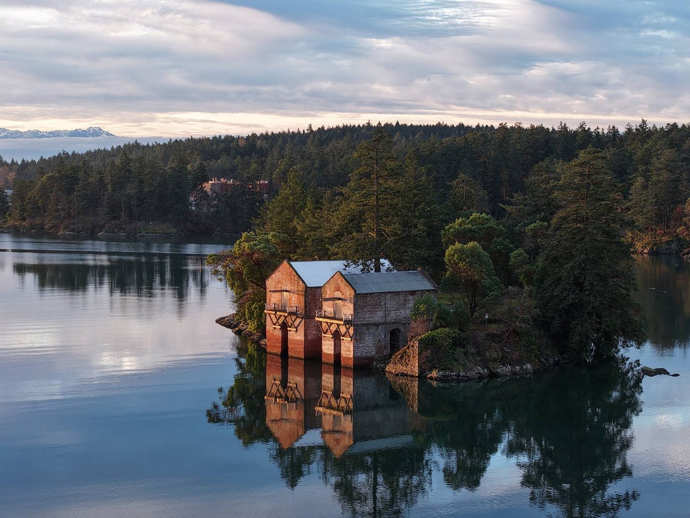 Historic brick buildings on Cole Island in Esquimalt Harbour